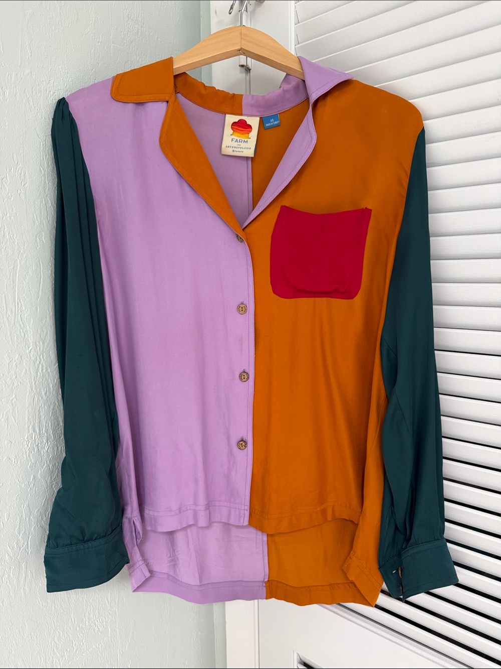FARM Rio Lavender, Orange & Teal Colorblock Button-Down Top with Red Pocket - Picture 1 of 3